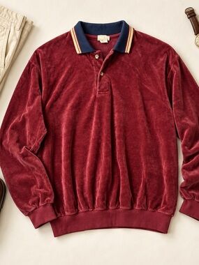 Velour Classics Burgundy Velour Polo Pullover | Tagged Large, Fits Small